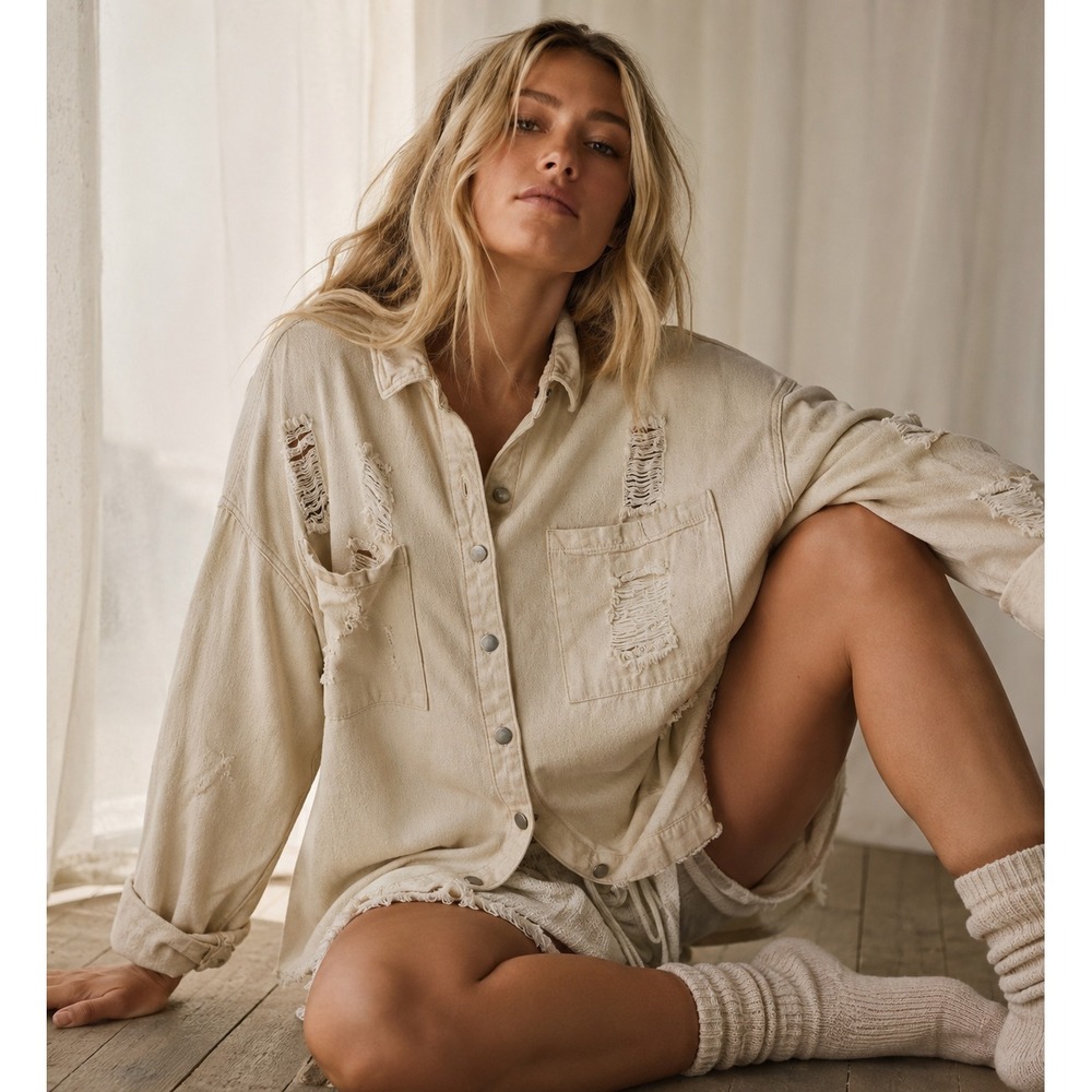 POL Jacket Women's Sz S Cream Oversized Distressed Boxy Raw Hem Grunge